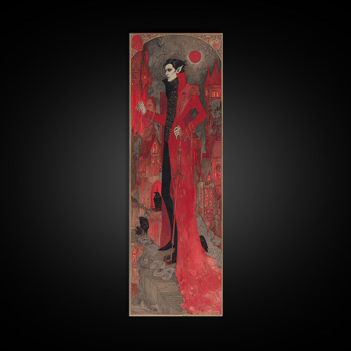 The Vampire Castle, Stained Glass Gothic Art, Tall Narrow Wall Art, Dark Halloween Decor, Canvas Print, Halloween Wall Art