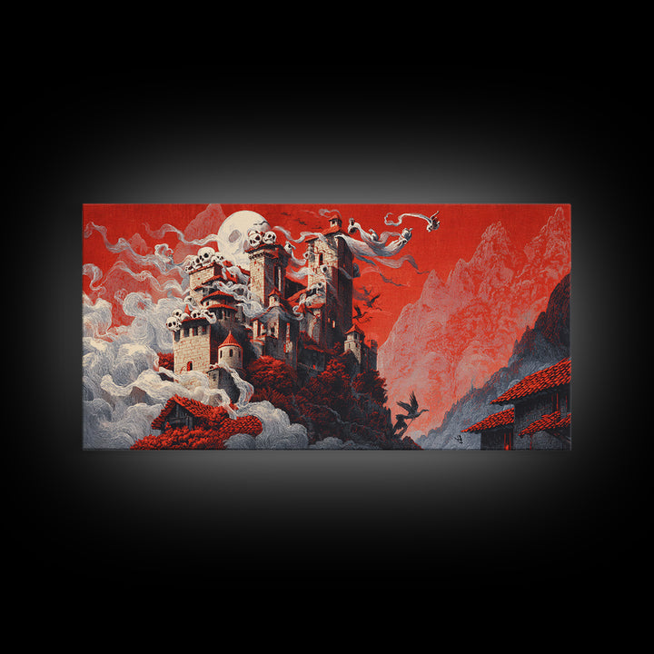 The Vampire Castle, Macabre Folk Print Art, Wide Panoramic Art, Dark Halloween Decor, Canvas Print, Halloween Wall Art