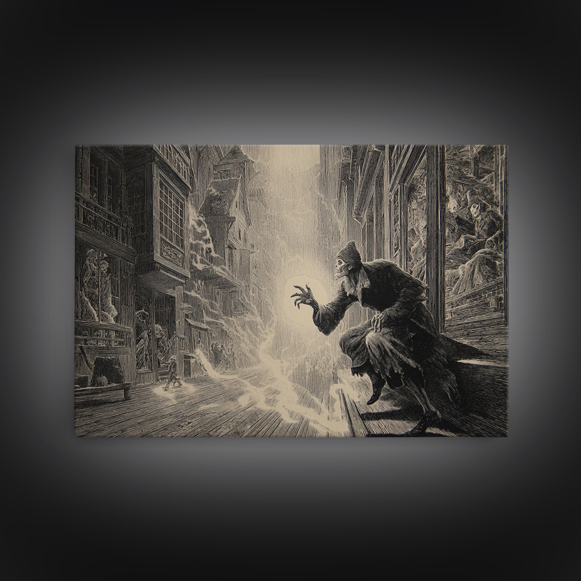 The Ghost Town Main Street, Gothic Engraving Art, Landscape Wall Art, Macabre Wall Art, Canvas Print, Halloween Wall Art