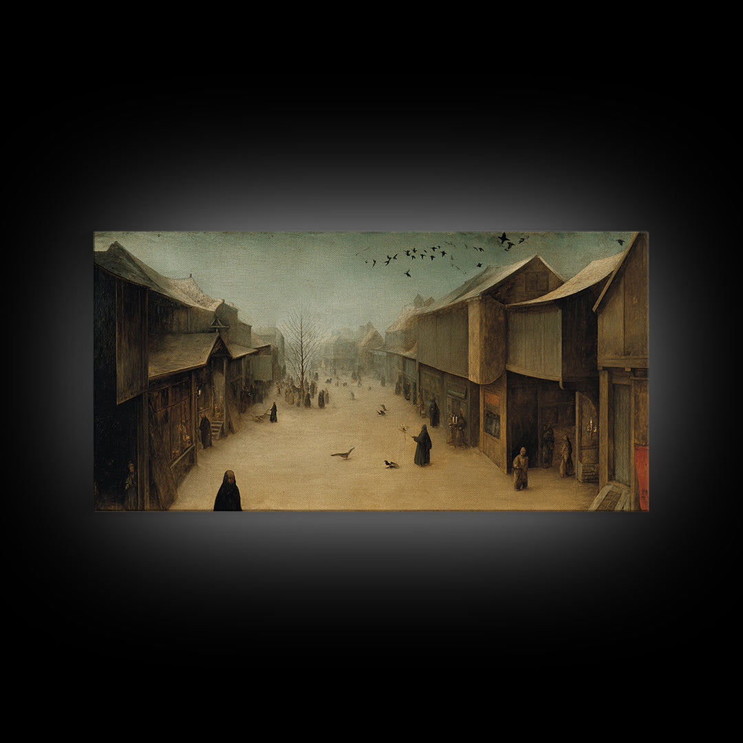 The Ghost Town Main Street, Northern Renaissance Horror, Wide Panoramic Art, Dark Halloween Decor, Framed Canvas Print