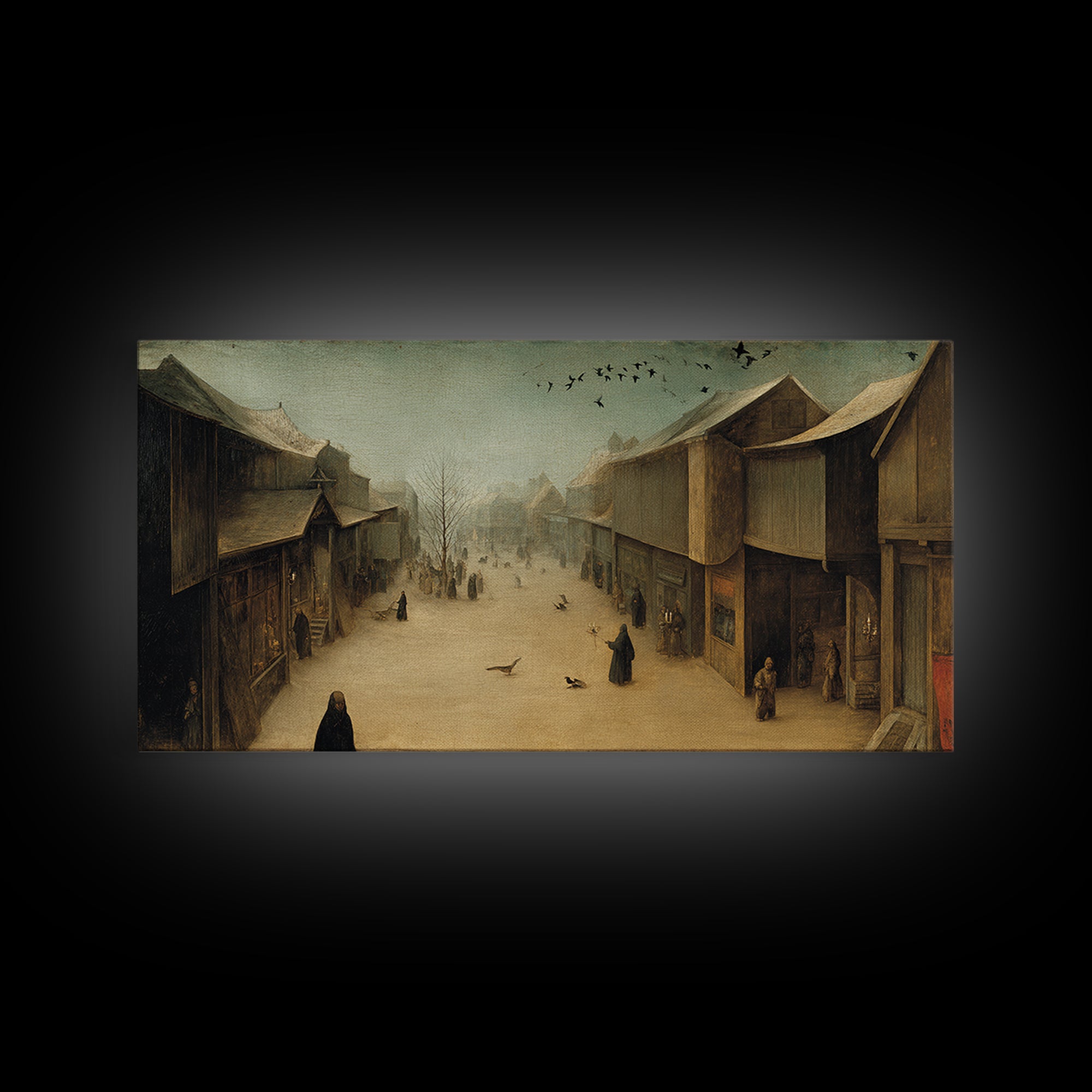 The Ghost Town Main Street, Northern Renaissance Horror, Wide Panoramic Art, Dark Halloween Decor, Framed Canvas Print