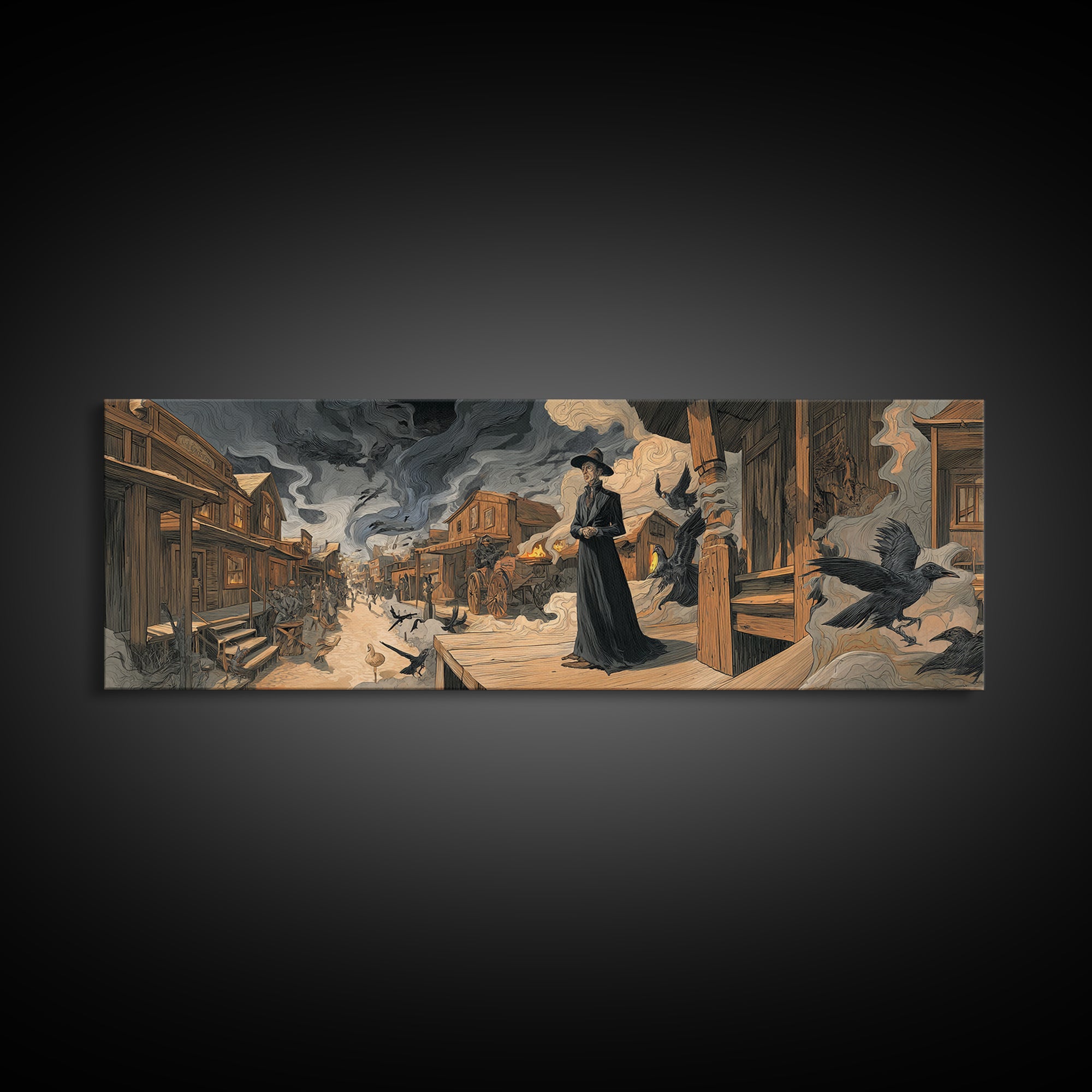 The Ghost Town Main Street, Dark Renaissance Art, Extra Wide Wall Art, Dark Fantasy Wall Art, Framed Canvas Print