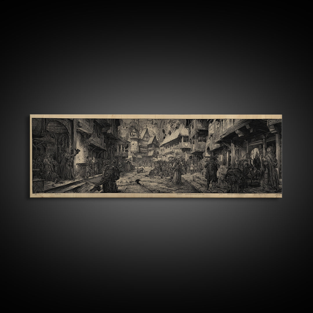 The Ghost Town Main Street, Renaissance Engraving Art, Extra Wide Wall Art, Dark Halloween Decor, Framed Canvas Print, Halloween Wall Art