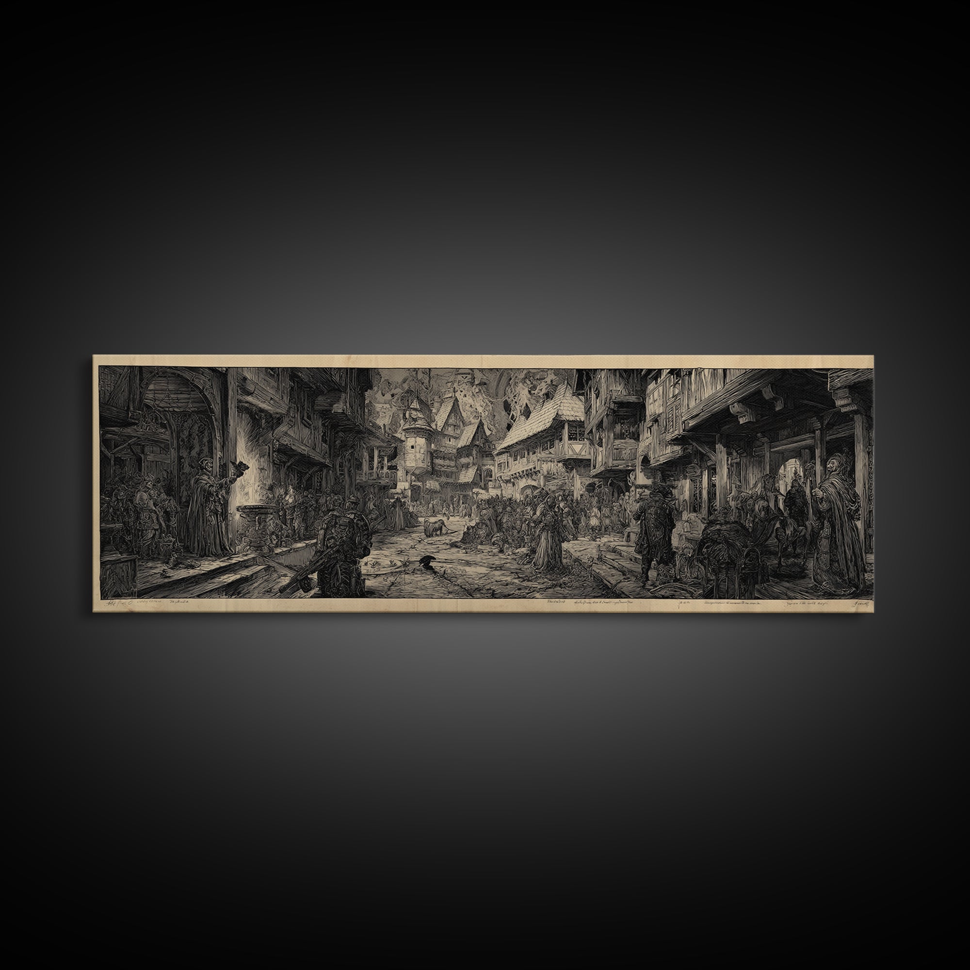 The Ghost Town Main Street, Renaissance Engraving Art, Extra Wide Wall Art, Dark Halloween Decor, Framed Canvas Print, Halloween Wall Art