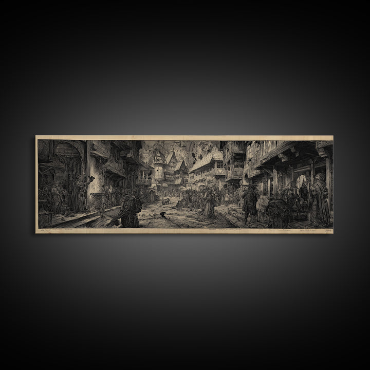 The Ghost Town Main Street, Renaissance Engraving Art, Extra Wide Wall Art, Dark Halloween Decor, Framed Canvas Print, Halloween Wall Art