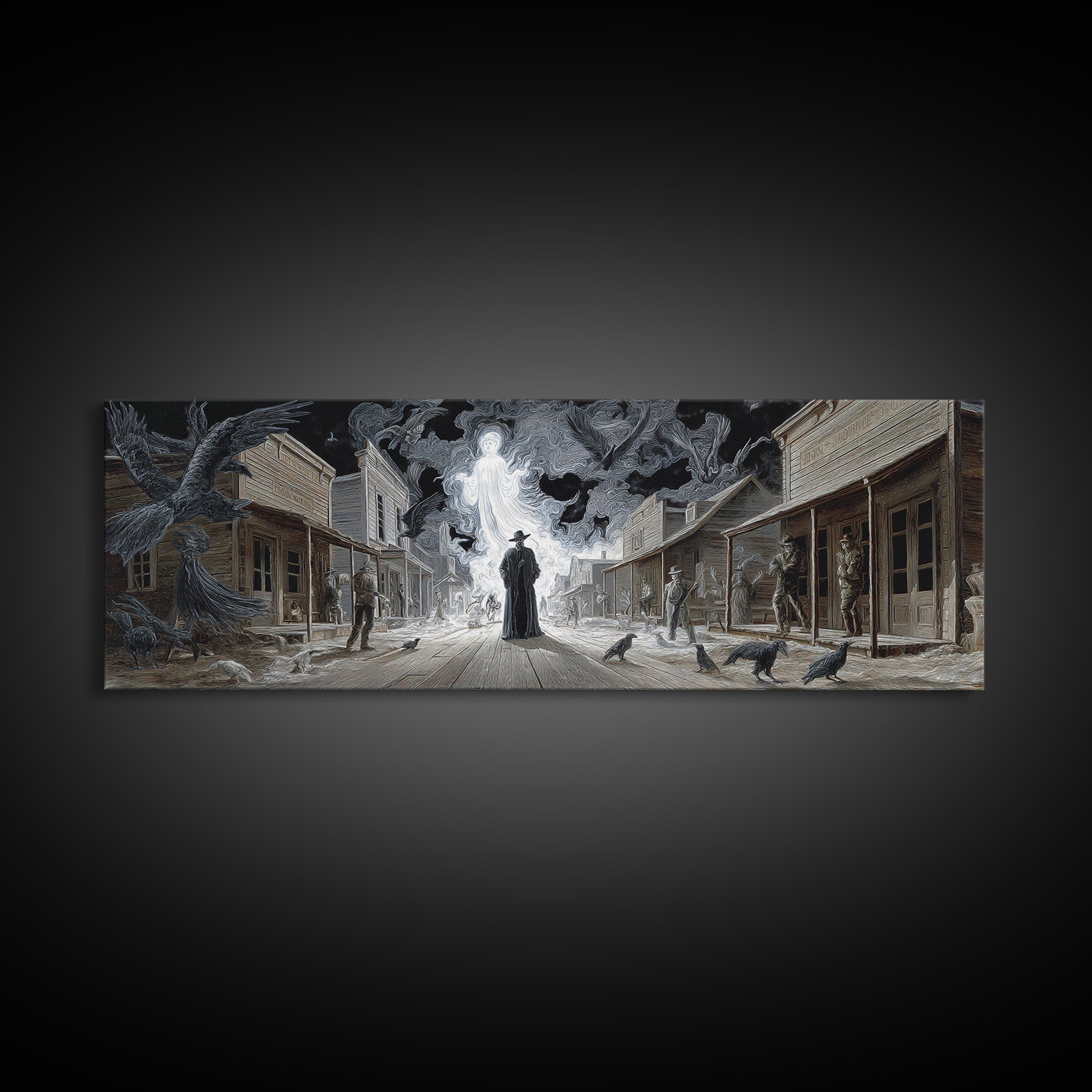The Ghost Town Main Street, Visionary Gothic Art, Extra Wide Wall Art, Macabre Wall Art, Framed Canvas Print, Halloween Wall Art