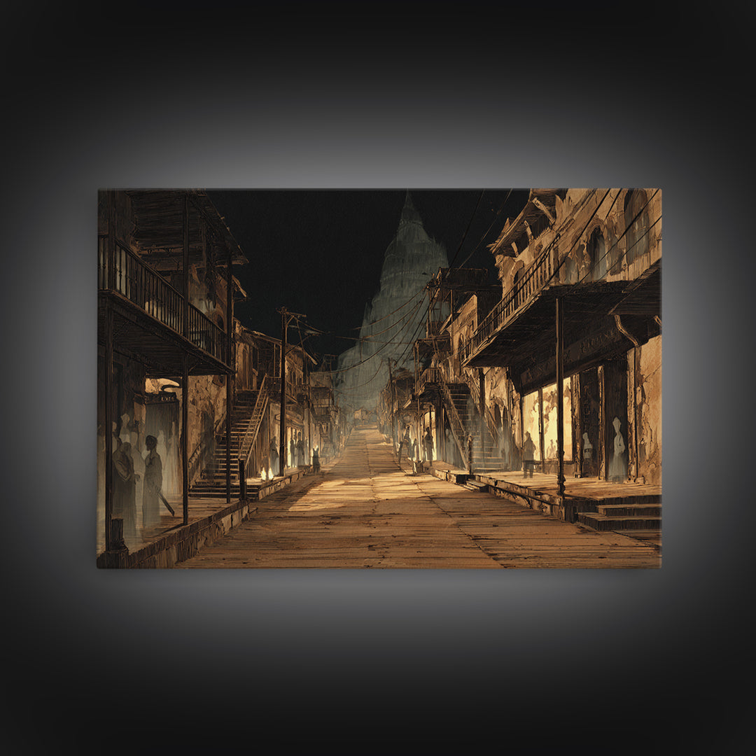 The Ghost Town Main Street, Architectural Etching Art, Landscape Wall Art, Dark Halloween Decor, Framed Canvas Print