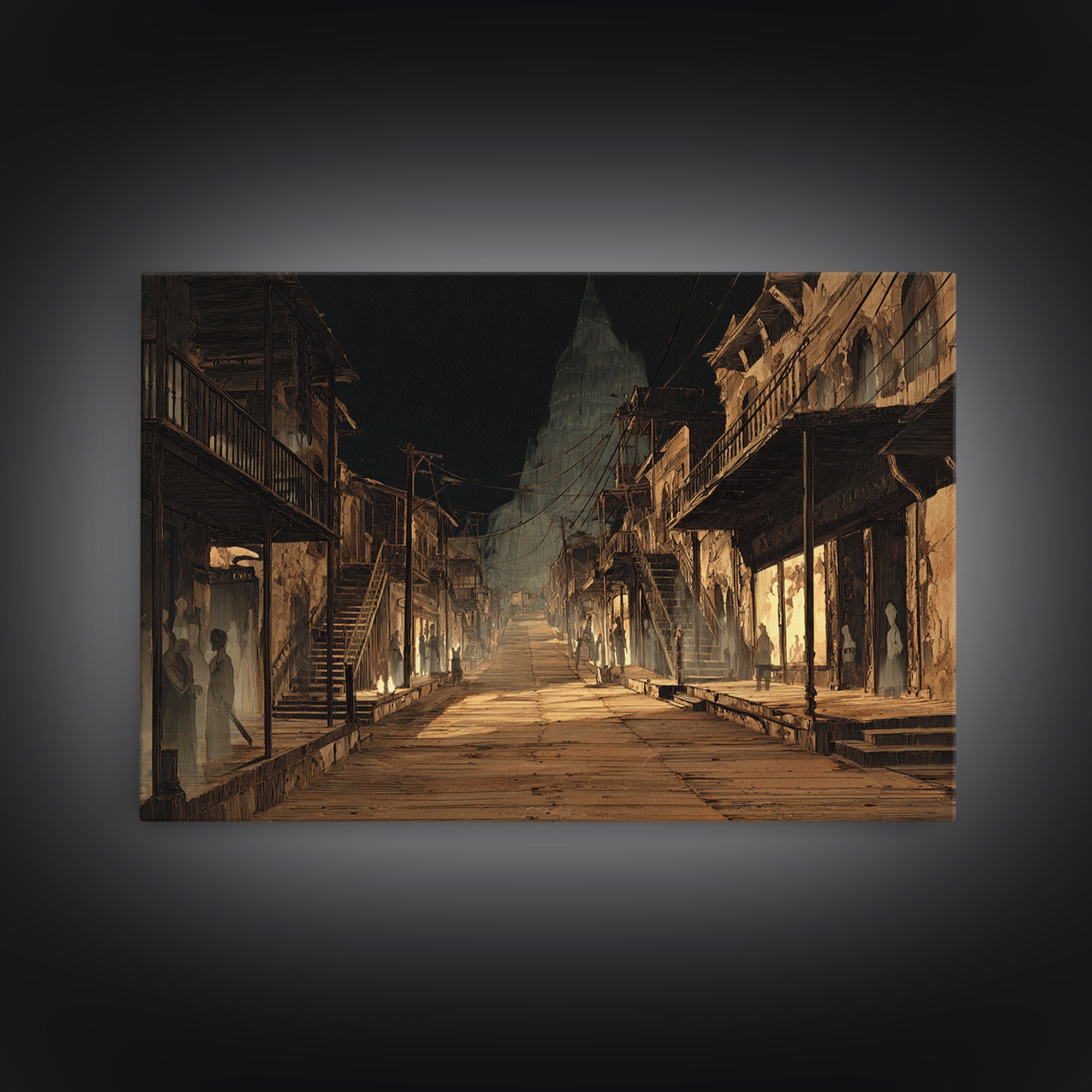 The Ghost Town Main Street, Architectural Etching Art, Landscape Wall Art, Dark Halloween Decor, Framed Canvas Print