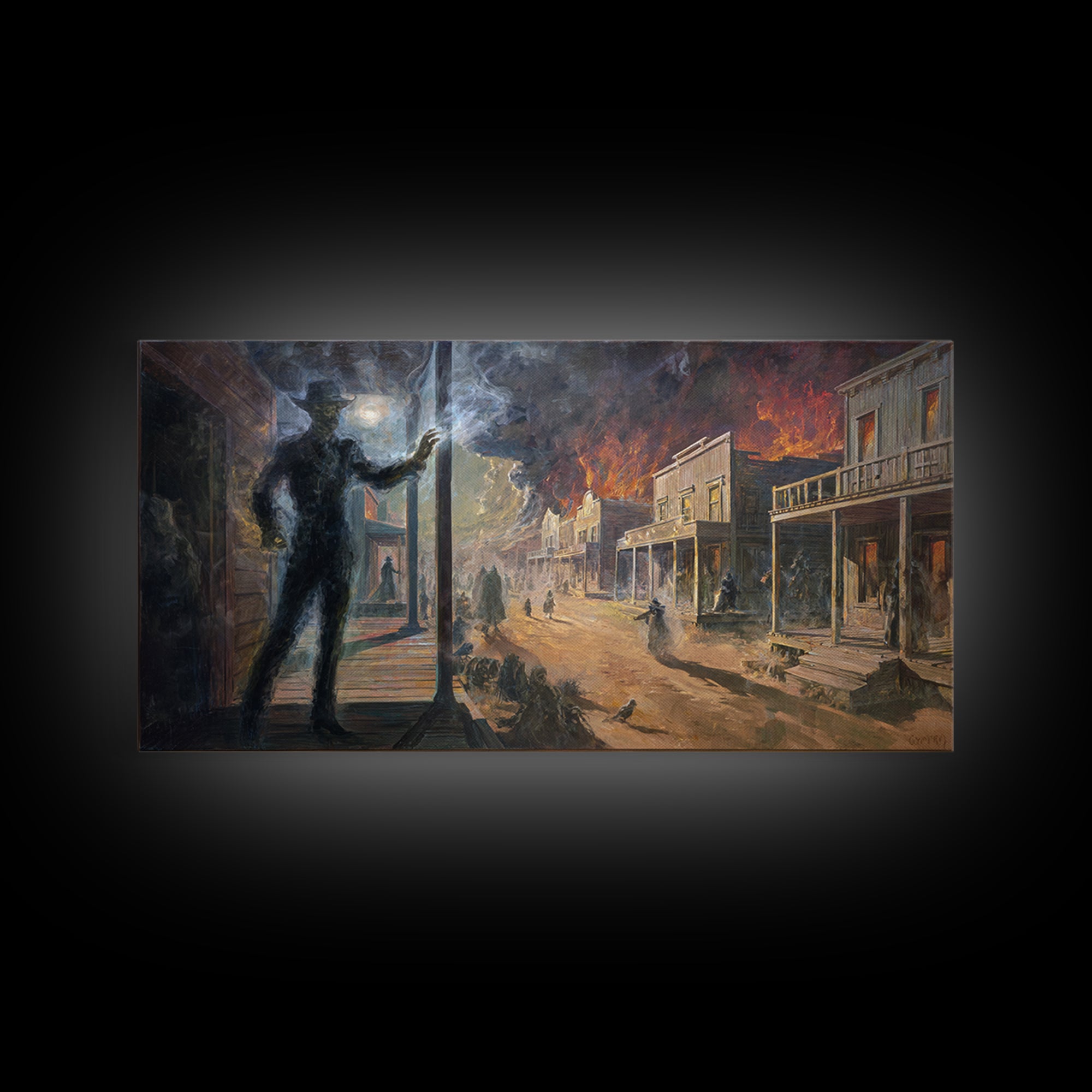 The Ghost Town Main Street, Apocalyptic Romantic Art, Wide Panoramic Art, Dark Fantasy Wall Art, Framed Canvas Print, Halloween Wall Art