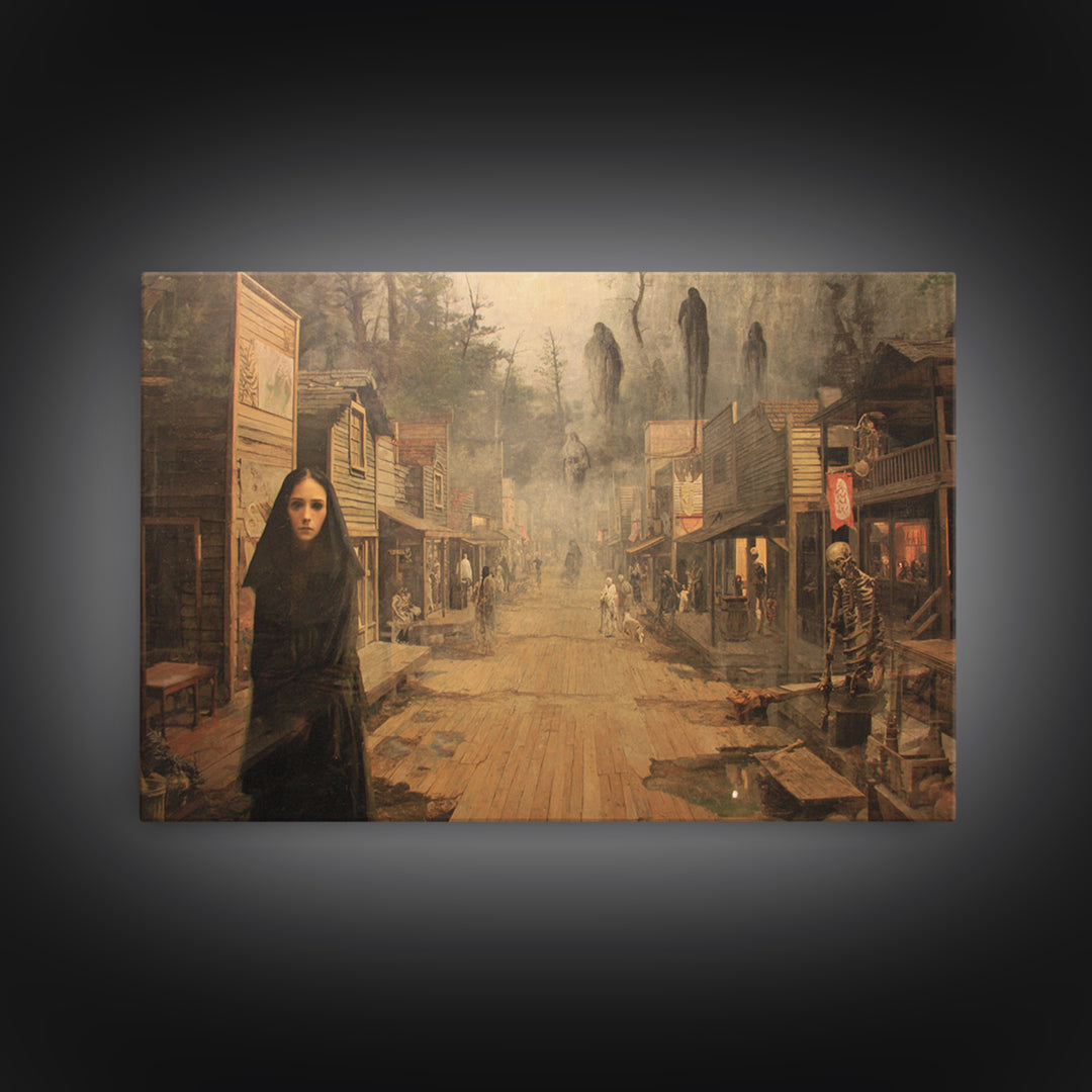 The Ghost Town Main Street, Symbolist Gothic Landscape, Landscape Wall Art, Macabre Wall Art, Framed Canvas Print, Halloween Wall Art