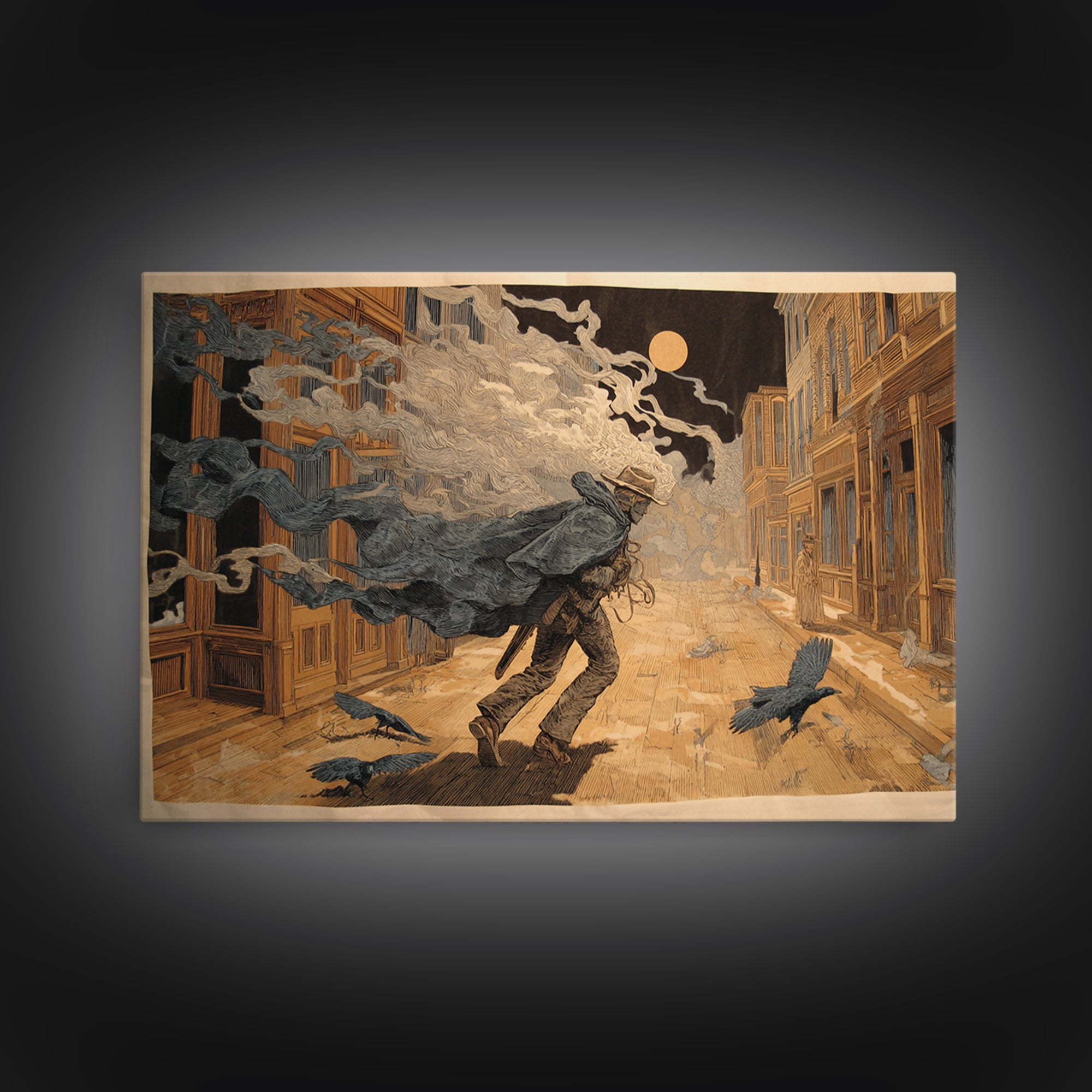 The Ghost Town Main Street, Symbolist Etching Art, Landscape Wall Art, Gothic Horror Wall Art, Framed Canvas Print, Halloween Wall Art