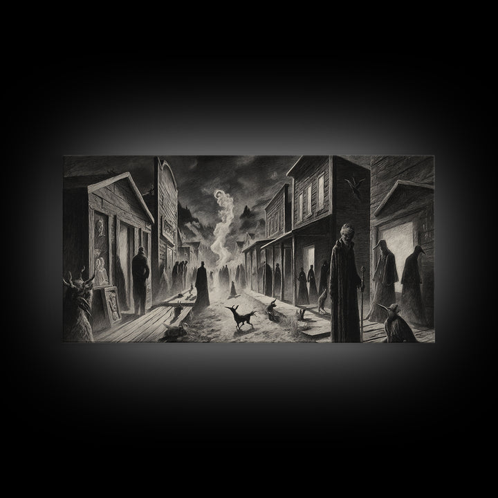 The Ghost Town Main Street, Expressionist Nightmare Art, Wide Panoramic Art, Dark Halloween Decor, Framed Canvas Print, Halloween Wall Art
