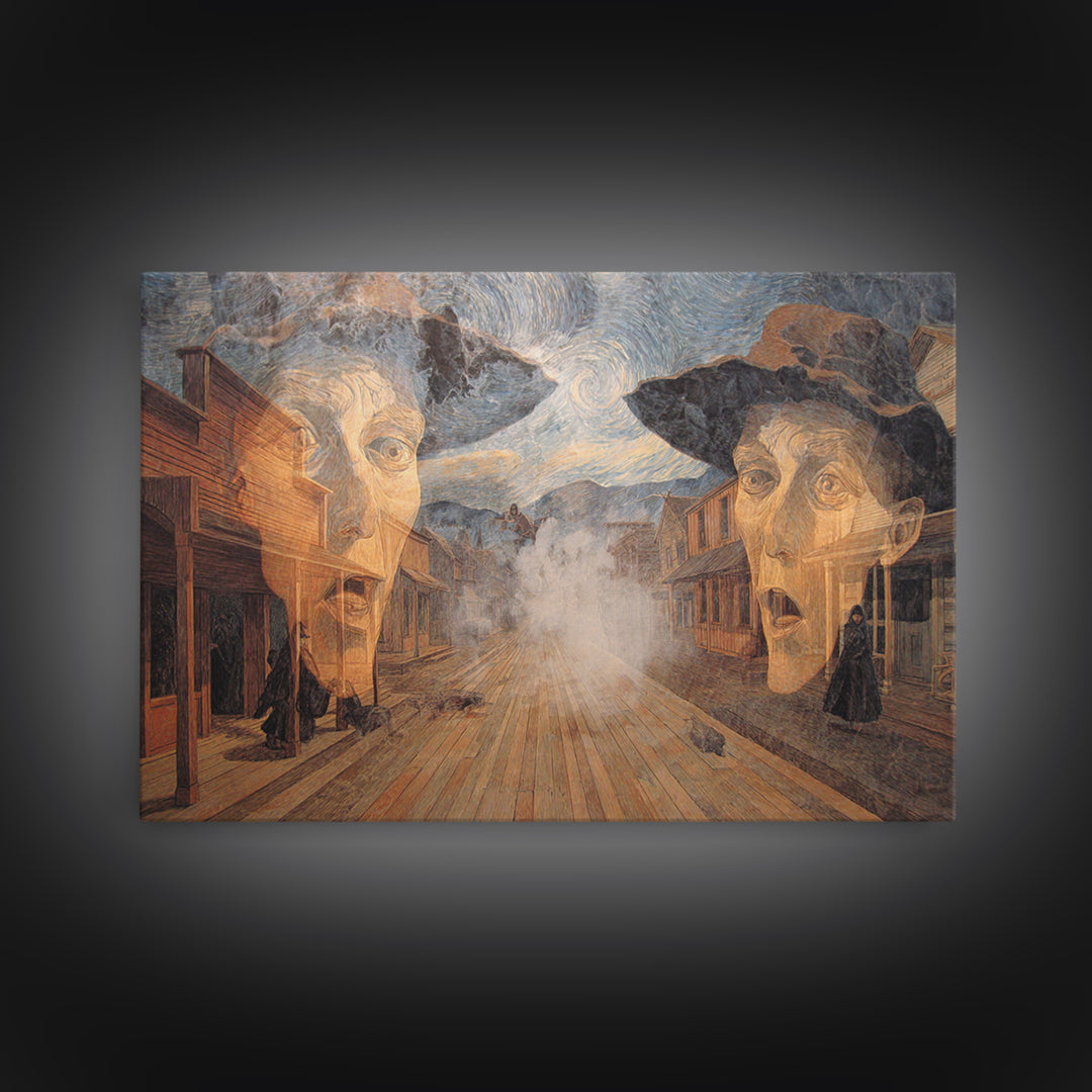 The Ghost Town Main Street, Expressionist Gothic Art, Landscape Wall Art, Dark Halloween Decor, Canvas Print, Halloween Wall Art