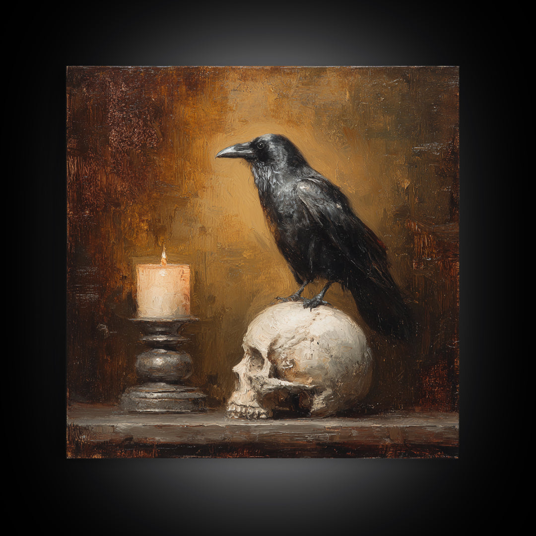 Raven Perched on a Skull Canvas Print, Dark Art, Room Decor, Living Room Decor, Fine Art, Nocturne, Digital Art, DAR-1x1-25