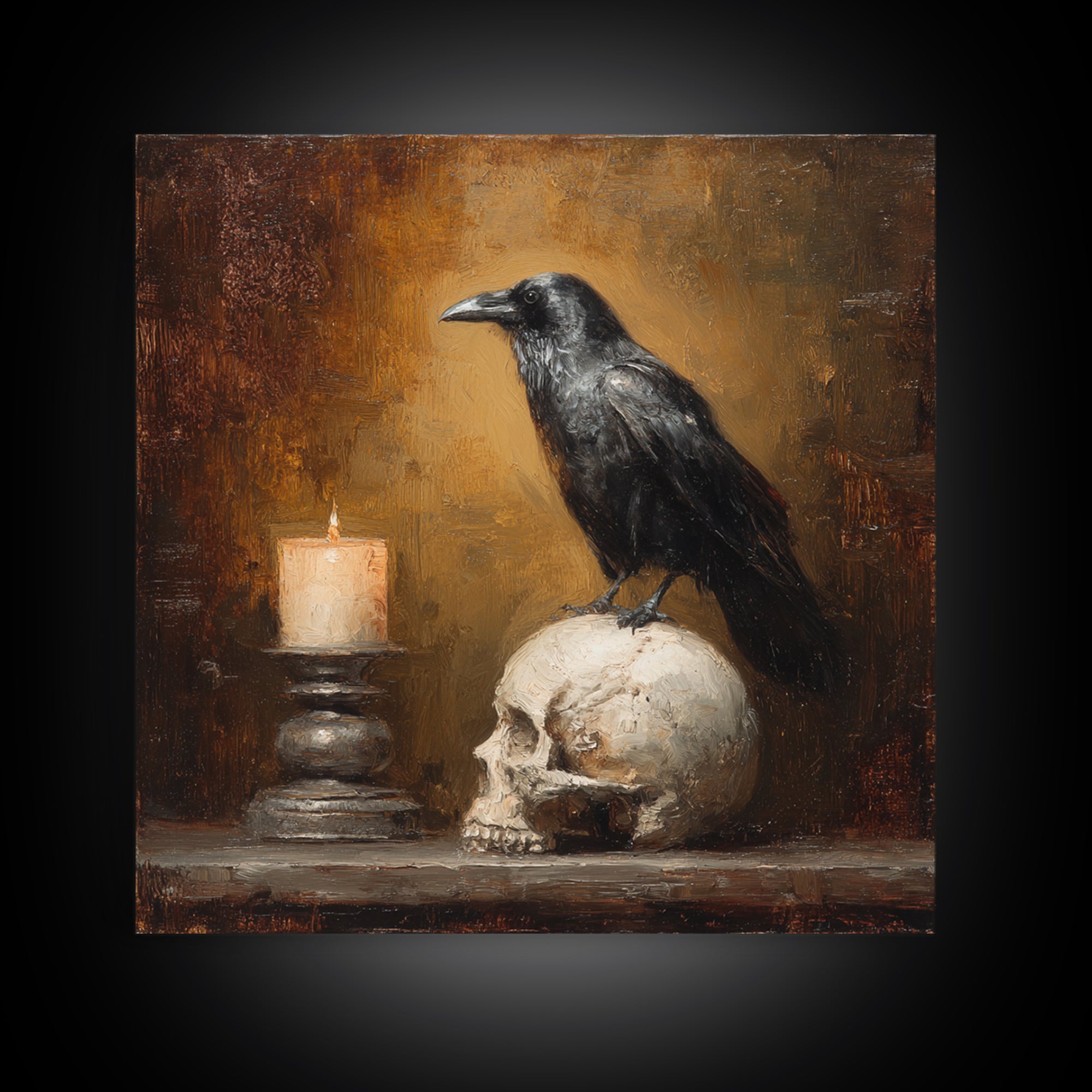 Raven Perched on a Skull Canvas Print, Dark Art, Room Decor, Living Room Decor, Fine Art, Nocturne, Digital Art, DAR-1x1-25