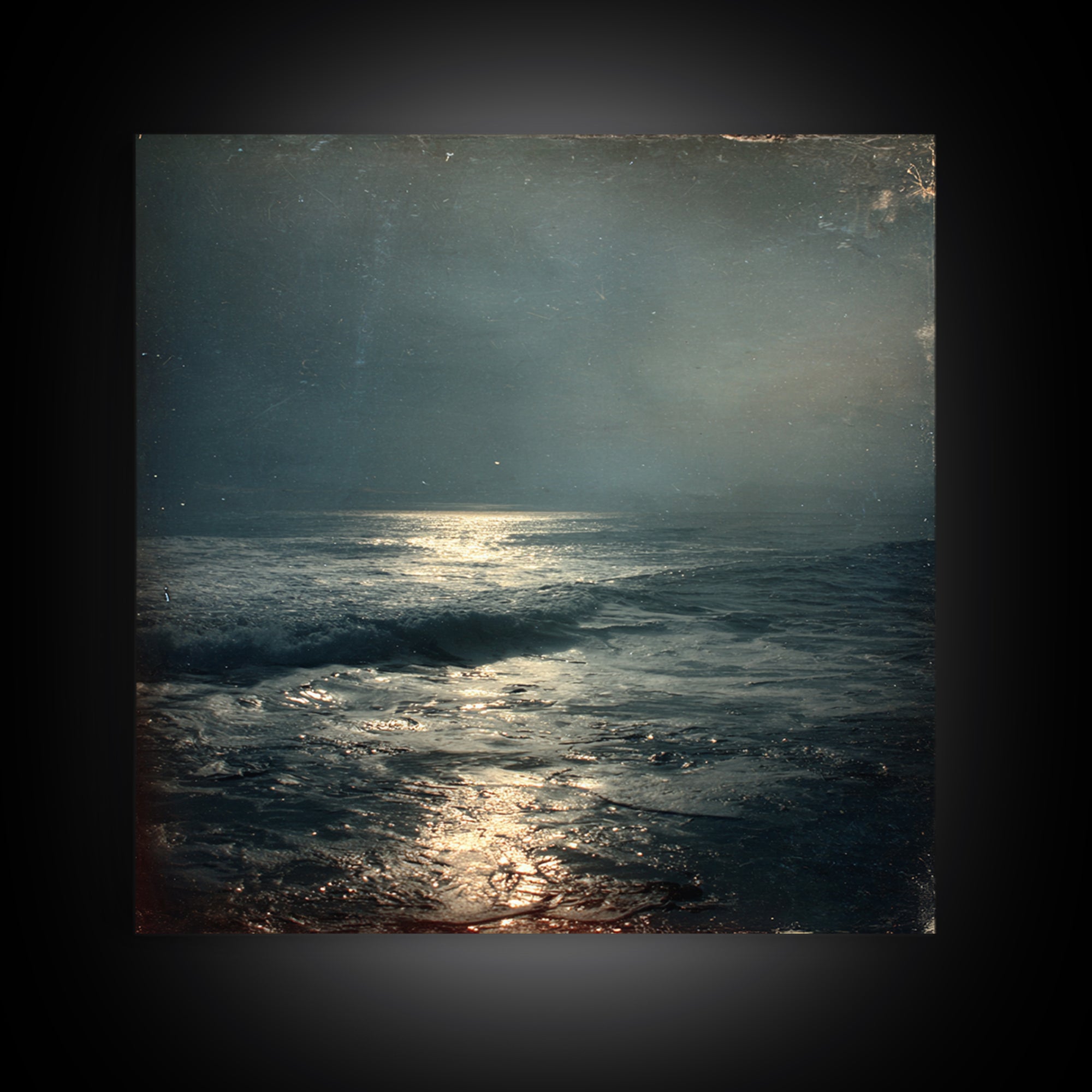 Stormy Sea under a Nearly Black Sky Framed Canvas Print, Dark Art, Textured Painting, Living Room Decor, Fine Art, Nocturne, DAR-1x1-29