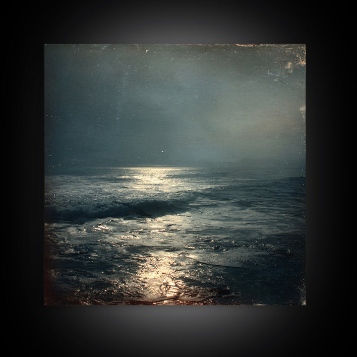 Stormy Sea under a Nearly Black Sky Framed Canvas Print, Dark Art, Textured Painting, Living Room Decor, Fine Art, Nocturne, DAR-1x1-29