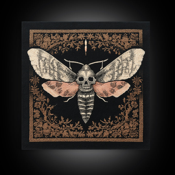 Moth with Skull Pattern on Black Ground Framed Canvas Print, Dark Art, Unique Wall Decor, Living Room Decor, Fine Art, Nocturne, DAR-1x1-39
