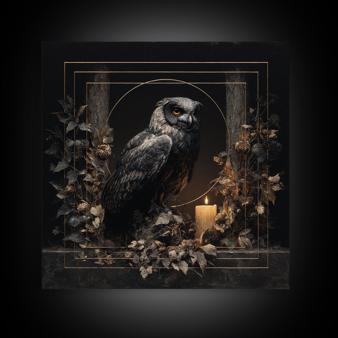 Owl in a Midnight Pine Forest Framed Canvas Print, Dark Art, Weird Art, Living Room Decor, Oil Painting, Nocturne, DAR-1x1-46