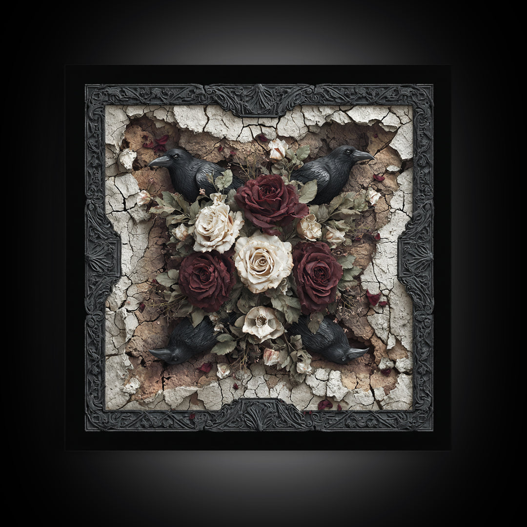 Black Roses Blooming from Cracked Stone Canvas Print, Dark Art, Fantasy Art, Living Room Decor, Fine Art, Nocturne, DAR-1x1-50