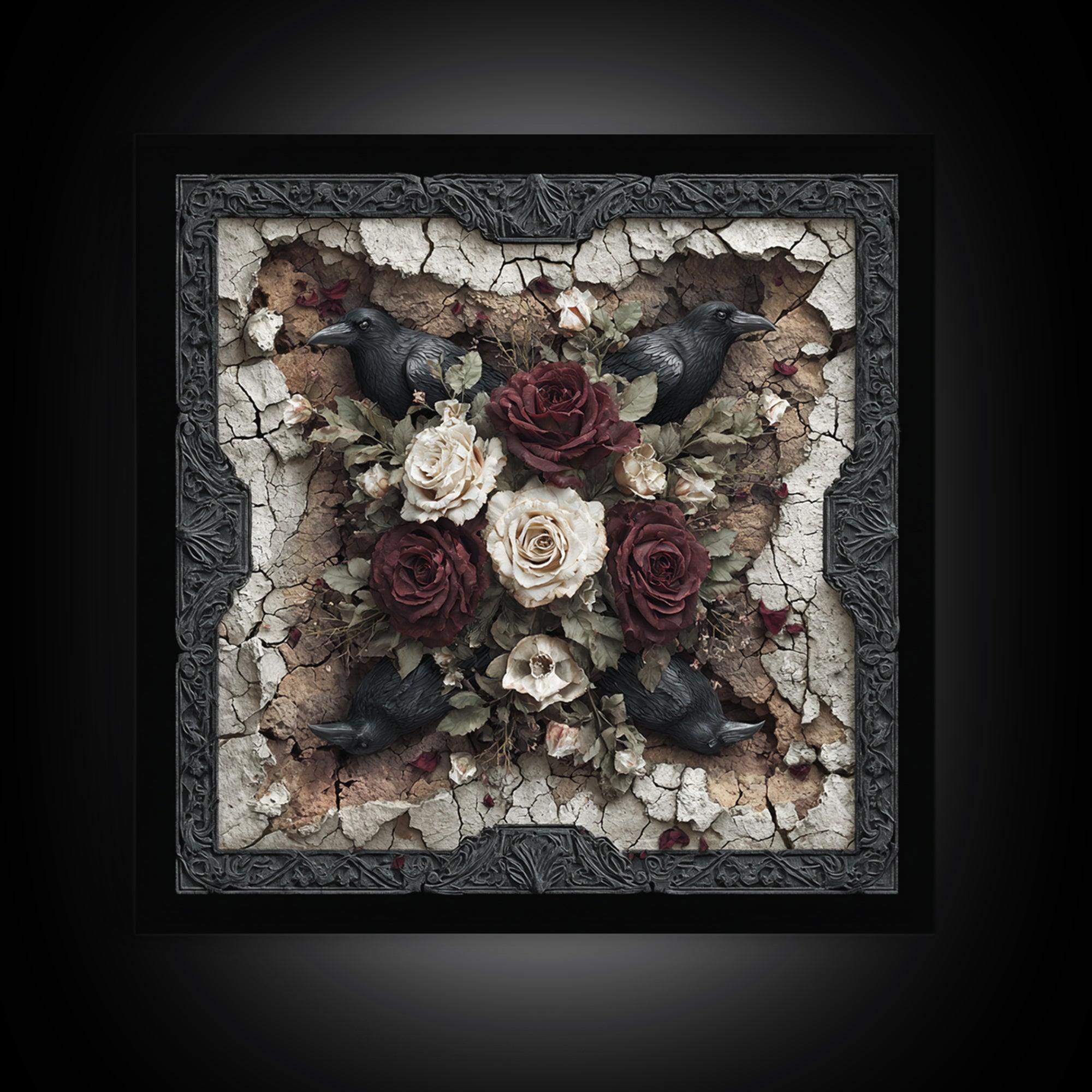 Black Roses Blooming from Cracked Stone Canvas Print, Dark Art, Fantasy Art, Living Room Decor, Fine Art, Nocturne, DAR-1x1-50