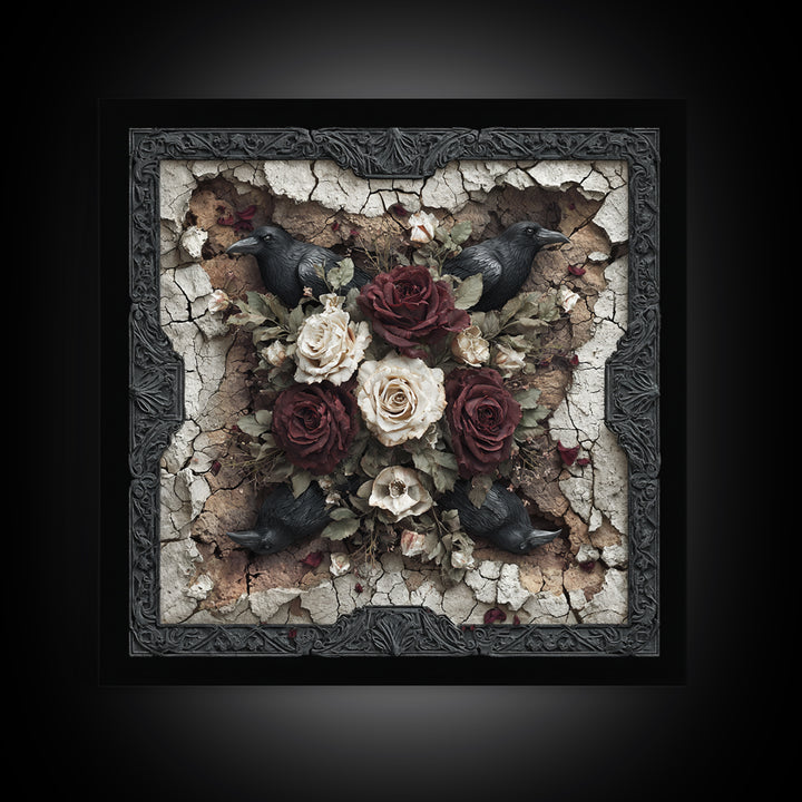 Black Roses Blooming from Cracked Stone Canvas Print, Dark Art, Fantasy Art, Living Room Decor, Fine Art, Nocturne, DAR-1x1-50
