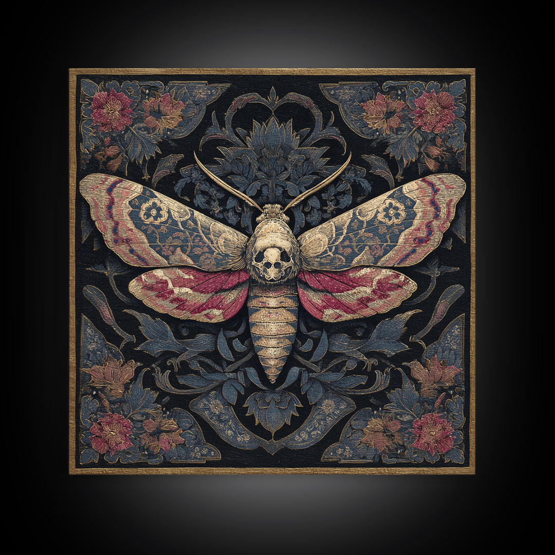 Moth with Skull Pattern on Black Ground Framed Canvas Print, Dark Art, Neutral Decor, Living Room Decor, Fine Art, Nocturne, DAR-1x1-63