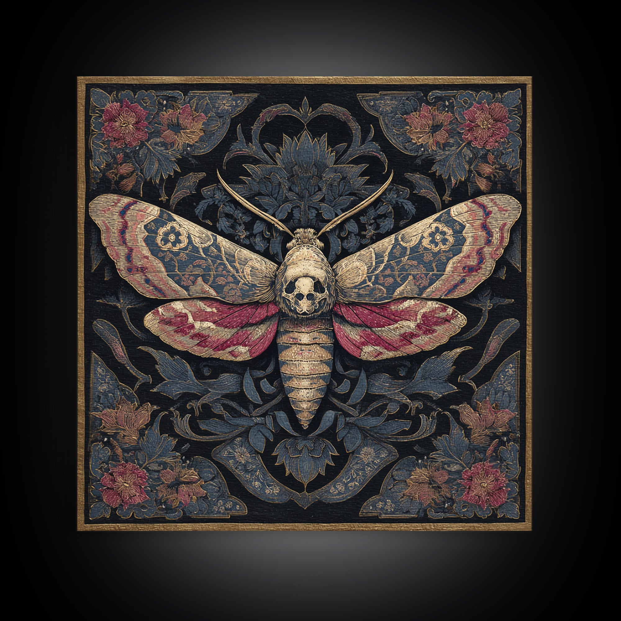 Moth with Skull Pattern on Black Ground Framed Canvas Print, Dark Art, Neutral Decor, Living Room Decor, Fine Art, Nocturne, DAR-1x1-63