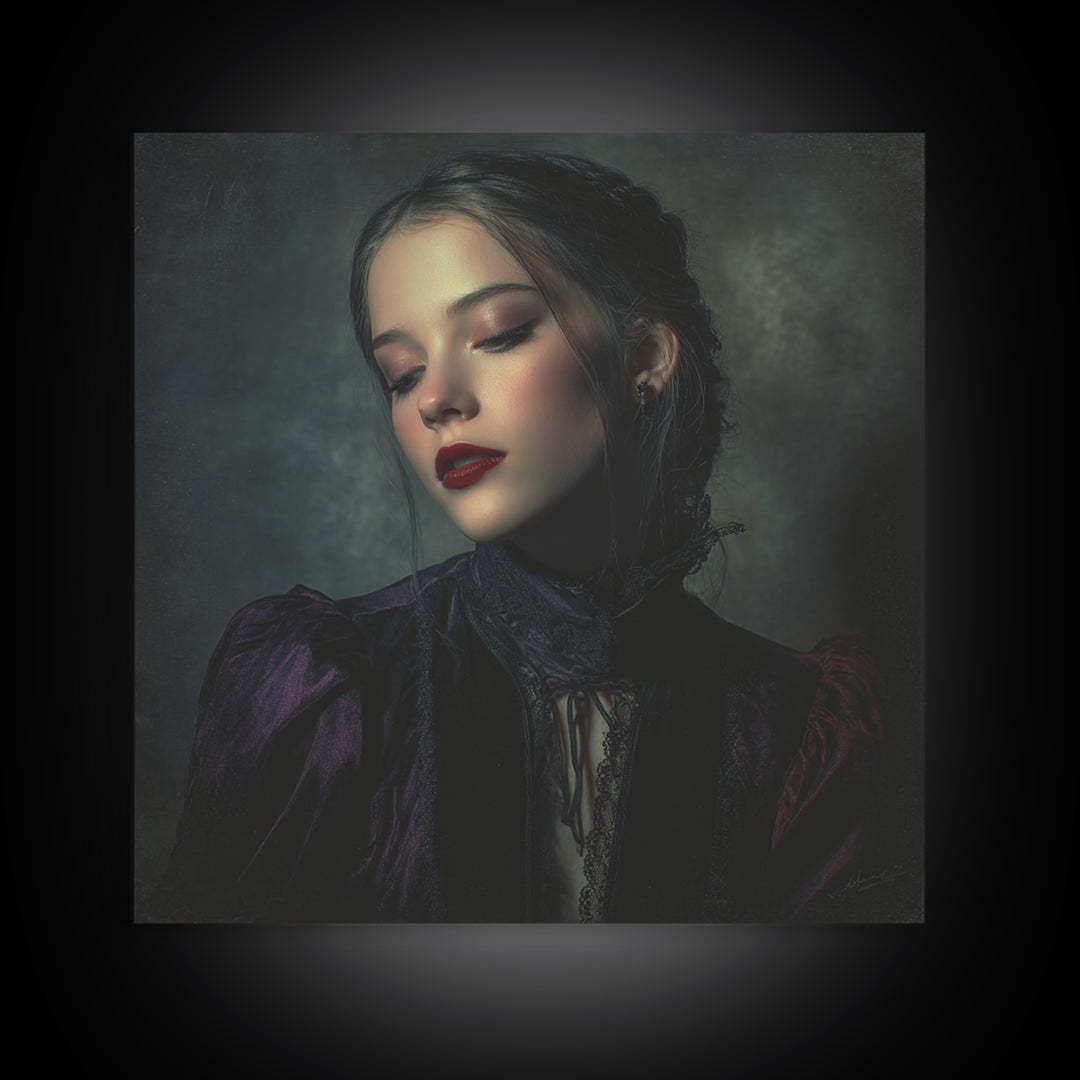 Vampire Inspired Portrait with Pale Dramatic Light Canvas Print, Dark Art, Minimalist Decor, Living Room Decor, Nocturne, DAR-1x1-85