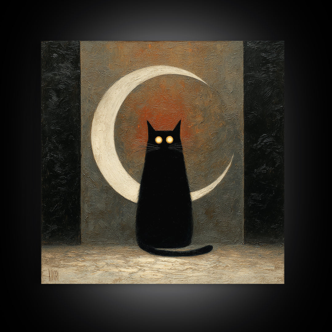 Black Cat with Glowing Eyes under Crescent Canvas Print, Dark Art, Statement Artwork, Living Room Decor, Fine Art, Nocturne, DAR-1x1-9