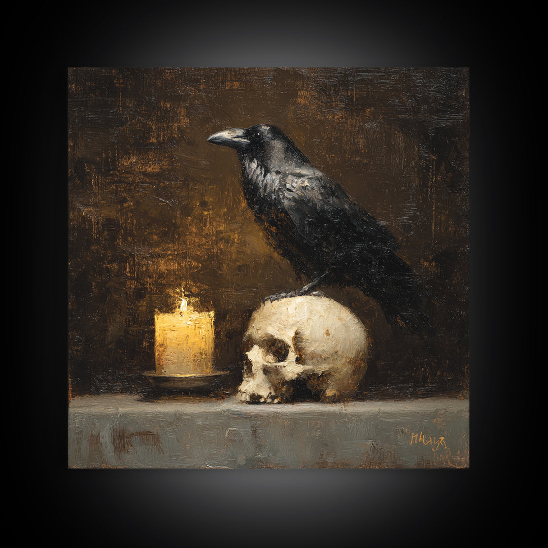 Raven Perched on a Skull Canvas Print, Dark Art, Art Print, Living Room Decor, Oil Painting, Nocturne, Halloween Art, DAR-1x1-97