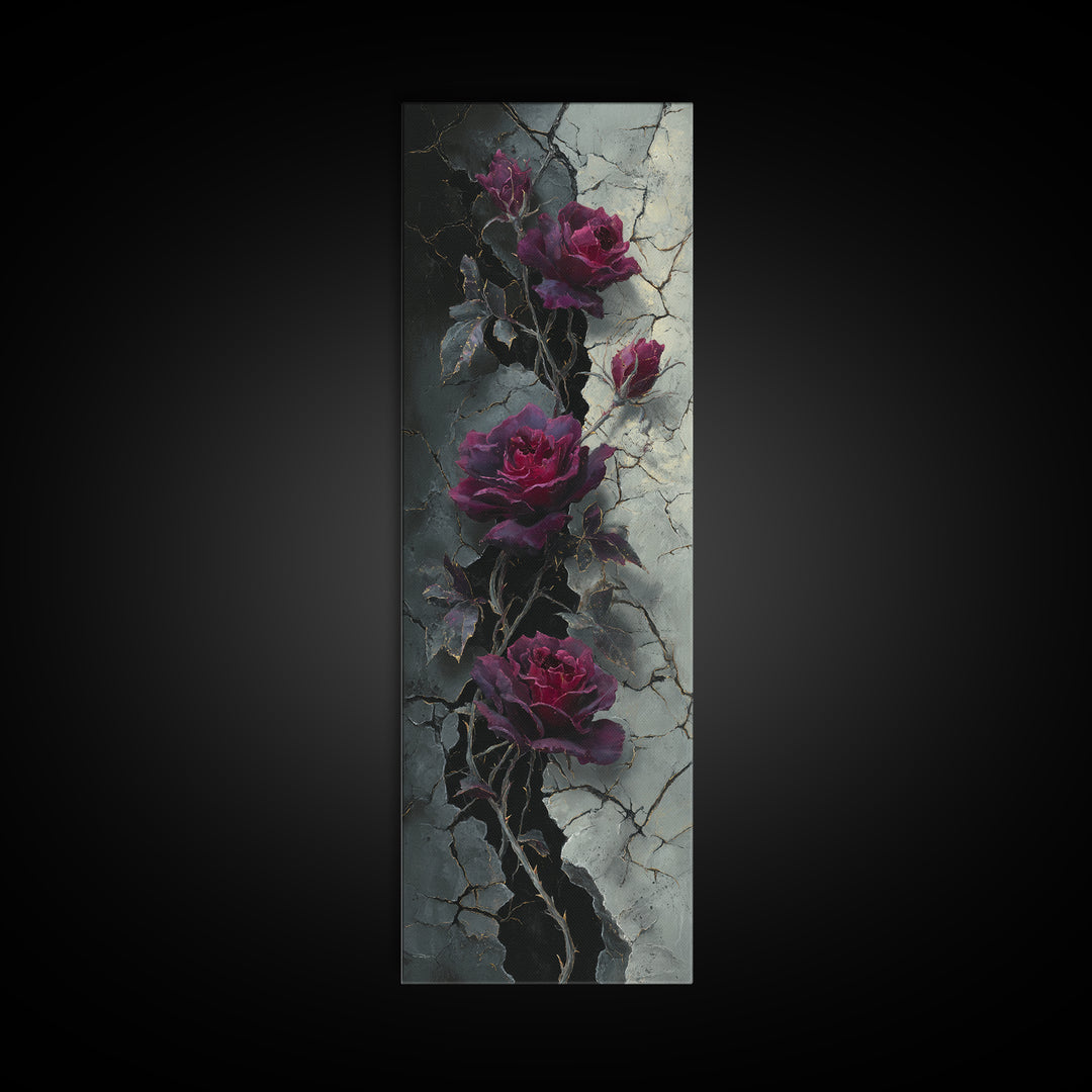 Black Roses Blooming from Cracked Stone Canvas Print, Dark Art, Gallery Decor, Living Room Decor, Fine Art, Nocturne, DAR-1x3-14