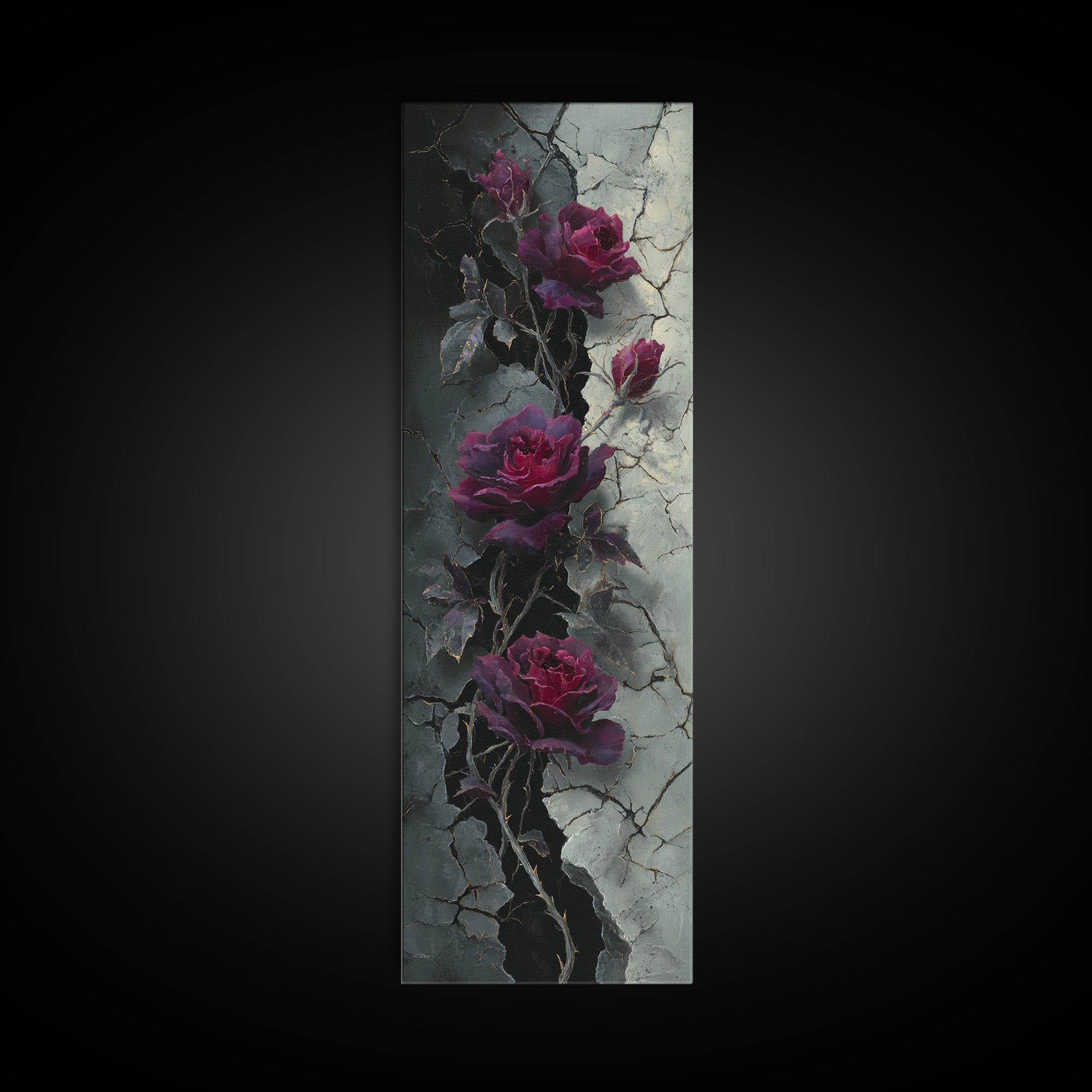 Black Roses Blooming from Cracked Stone Canvas Print, Dark Art, Gallery Decor, Living Room Decor, Fine Art, Nocturne, DAR-1x3-14