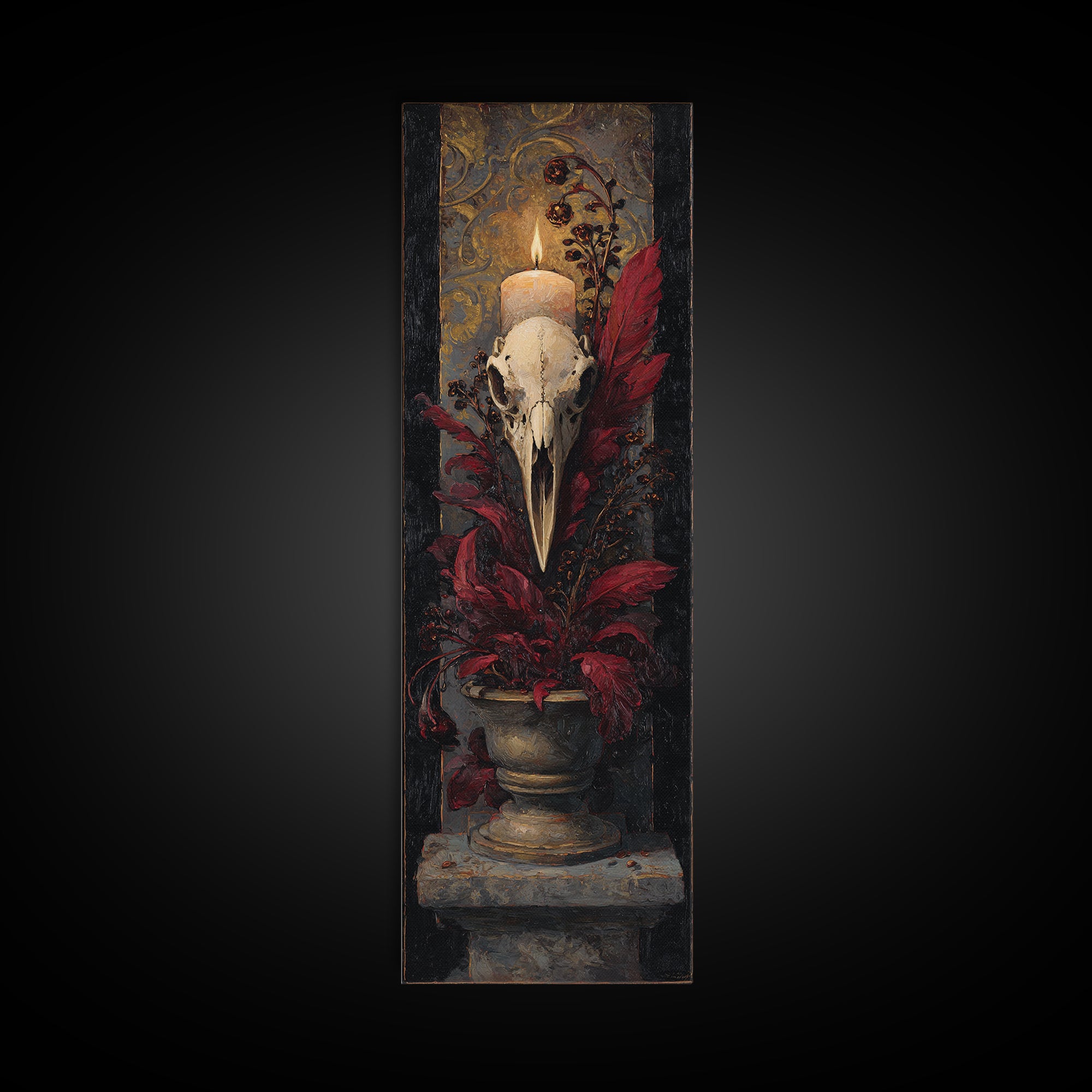 Baroque Skull and Red Velvet Vanitas Canvas Print, Dark Art, Weird Art, Living Room Decor, Fine Art, Nocturne, DAR-1x3-22
