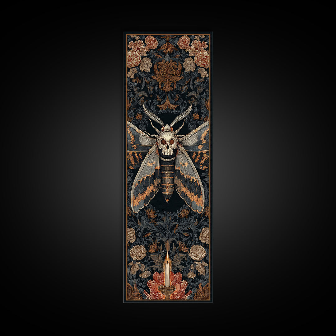 Moth with Skull Pattern on Black Ground Canvas Print, Dark Art, Printable Art, Living Room Decor, Oil Painting, Nocturne, DAR-1x3-27
