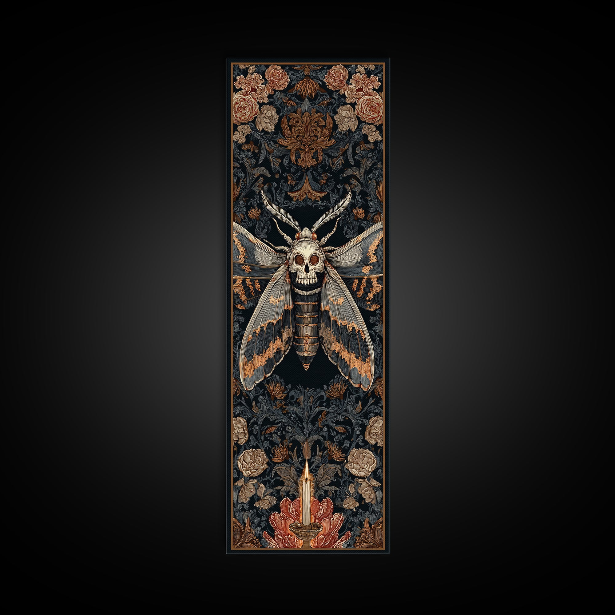 Moth with Skull Pattern on Black Ground Canvas Print, Dark Art, Printable Art, Living Room Decor, Oil Painting, Nocturne, DAR-1x3-27