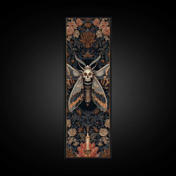 Moth with Skull Pattern on Black Ground Canvas Print, Dark Art, Printable Art, Living Room Decor, Oil Painting, Nocturne, DAR-1x3-27