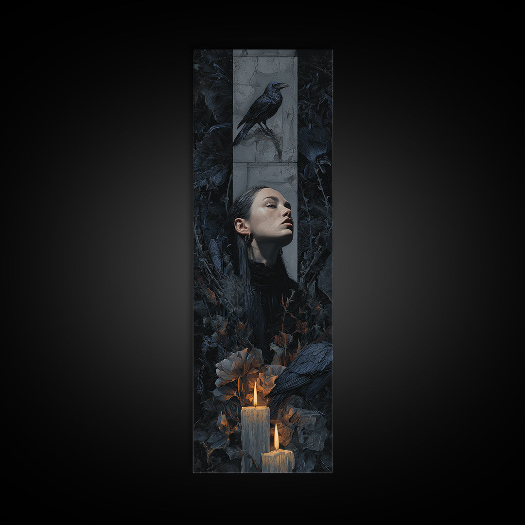 Silent Graveyard with Blue Moon Haze Framed Canvas Print, Dark Art, Horror Wall Art, Living Room Decor, Oil Painting, Nocturne, DAR-1x3-30