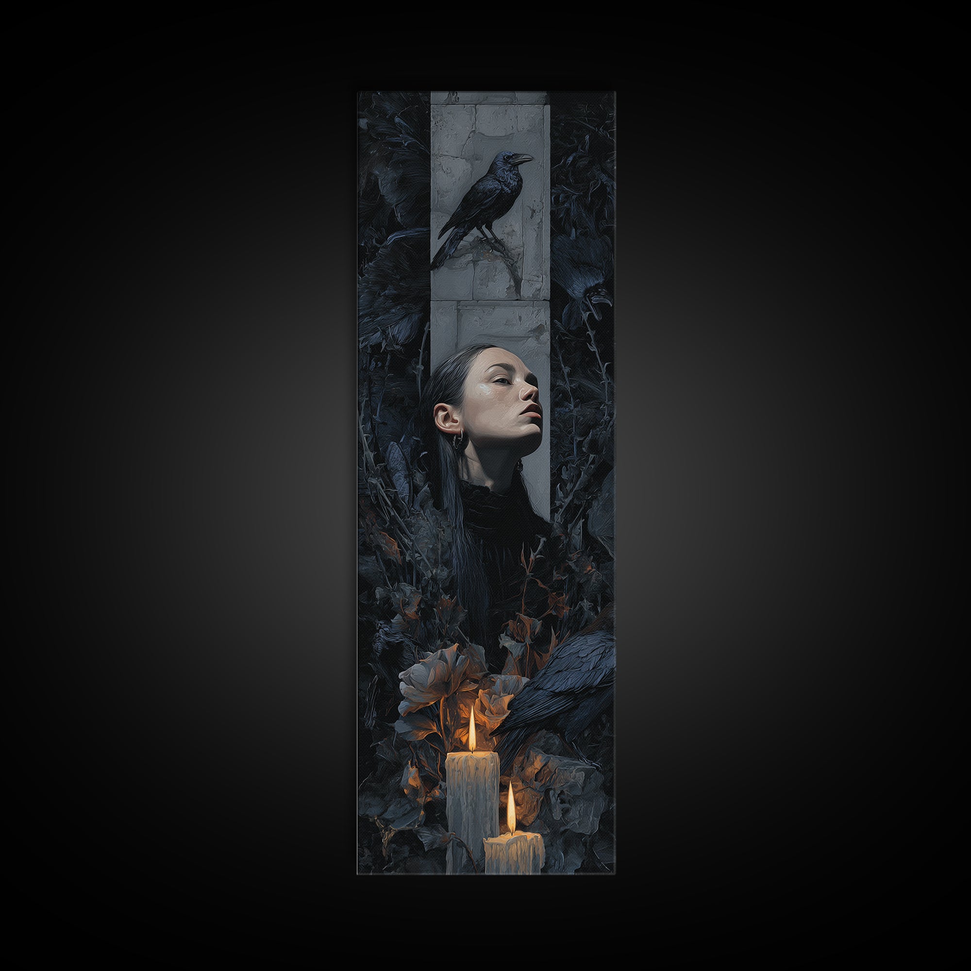 Silent Graveyard with Blue Moon Haze Framed Canvas Print, Dark Art, Horror Wall Art, Living Room Decor, Oil Painting, Nocturne, DAR-1x3-30