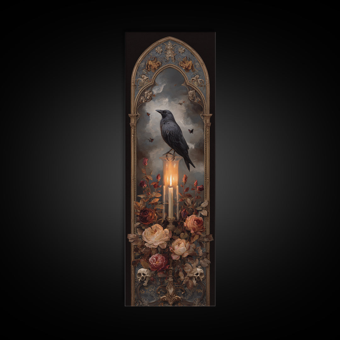Candle Flame Reflecting Framed Canvas Print, Dark Art, Print, Living Room Decor, Nocturne, Moody Wall Art, Halloween Art, DAR-1x3-36