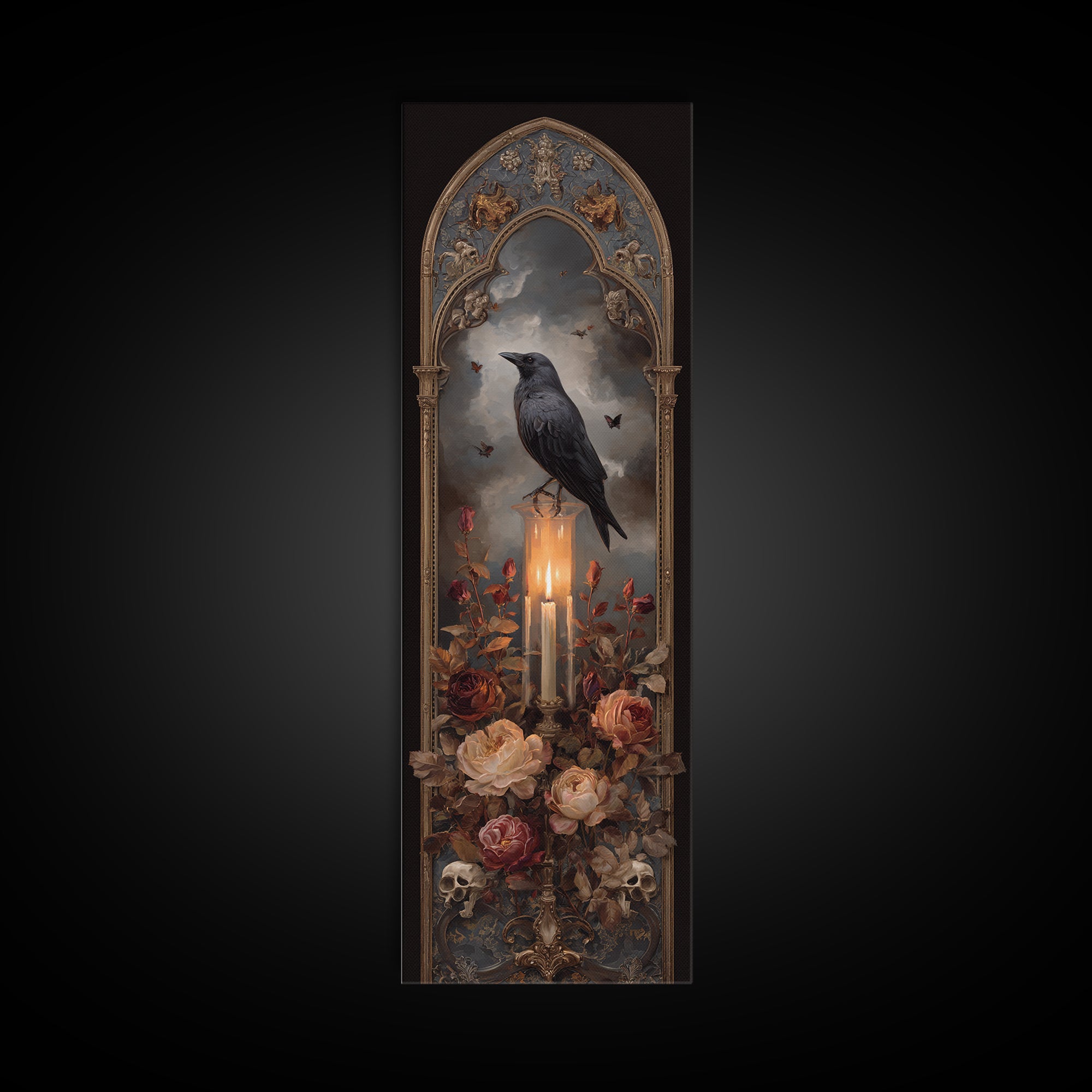 Candle Flame Reflecting Framed Canvas Print, Dark Art, Print, Living Room Decor, Nocturne, Moody Wall Art, Halloween Art, DAR-1x3-36