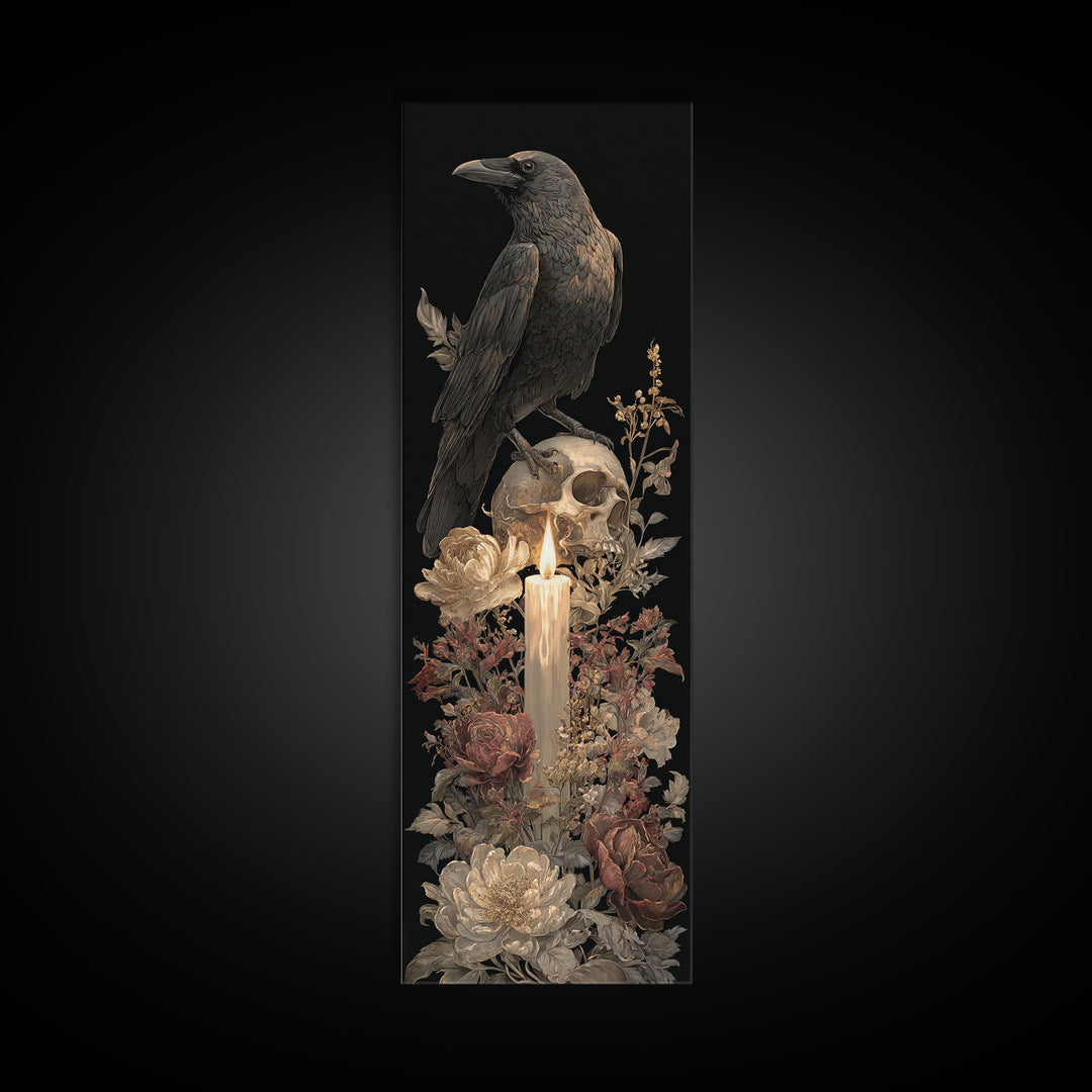 Raven Perched on a Skull Canvas Print, Dark Art, Minimalist Decor, Living Room Decor, Fine Art, Nocturne, Oil Painting, DAR-1x3-37
