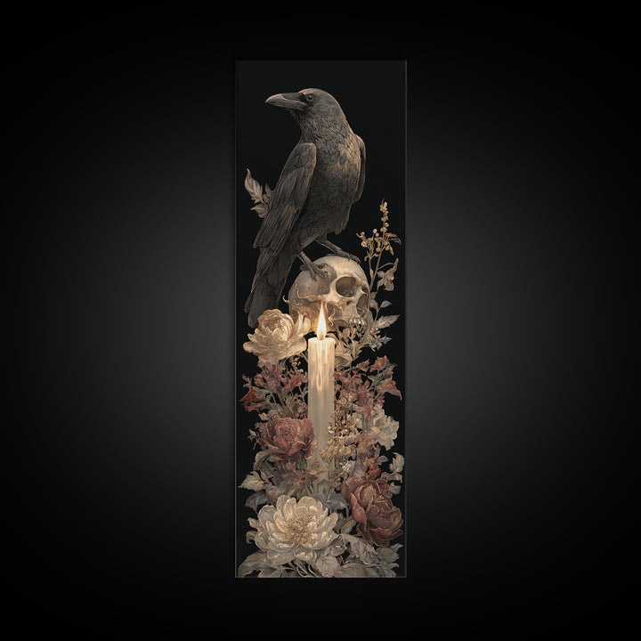 Raven Perched on a Skull Canvas Print, Dark Art, Minimalist Decor, Living Room Decor, Fine Art, Nocturne, Oil Painting, DAR-1x3-37