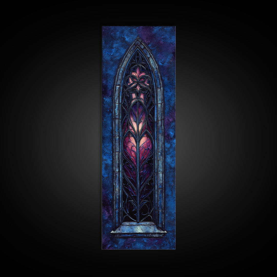 Gothic Cathedral Window Framed Canvas Print, Dark Art, Minimalist Decor, Living Room Decor, Fine Art, Nocturne, Oil Painting, DAR-1x3-4