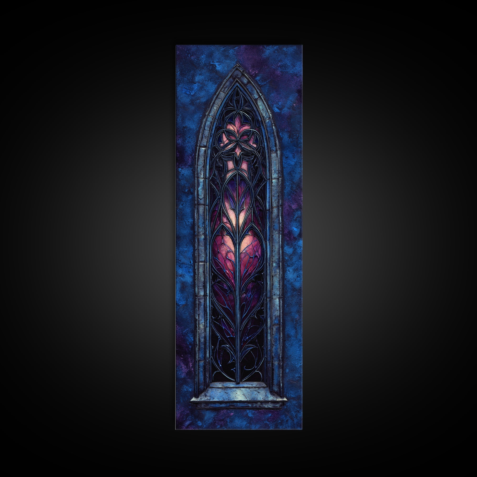 Gothic Cathedral Window Framed Canvas Print, Dark Art, Minimalist Decor, Living Room Decor, Fine Art, Nocturne, Oil Painting, DAR-1x3-4