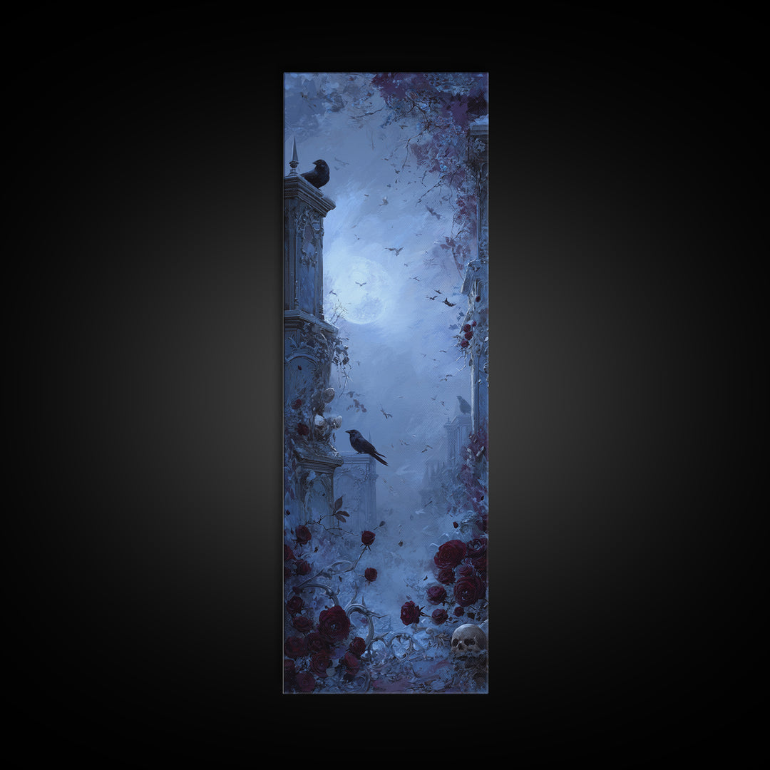 Silent Graveyard with Blue Moon Haze Framed Canvas Print, Dark Art, Horror Wall Art, Living Room Decor, Oil Painting, Nocturne, DAR-1x3-54