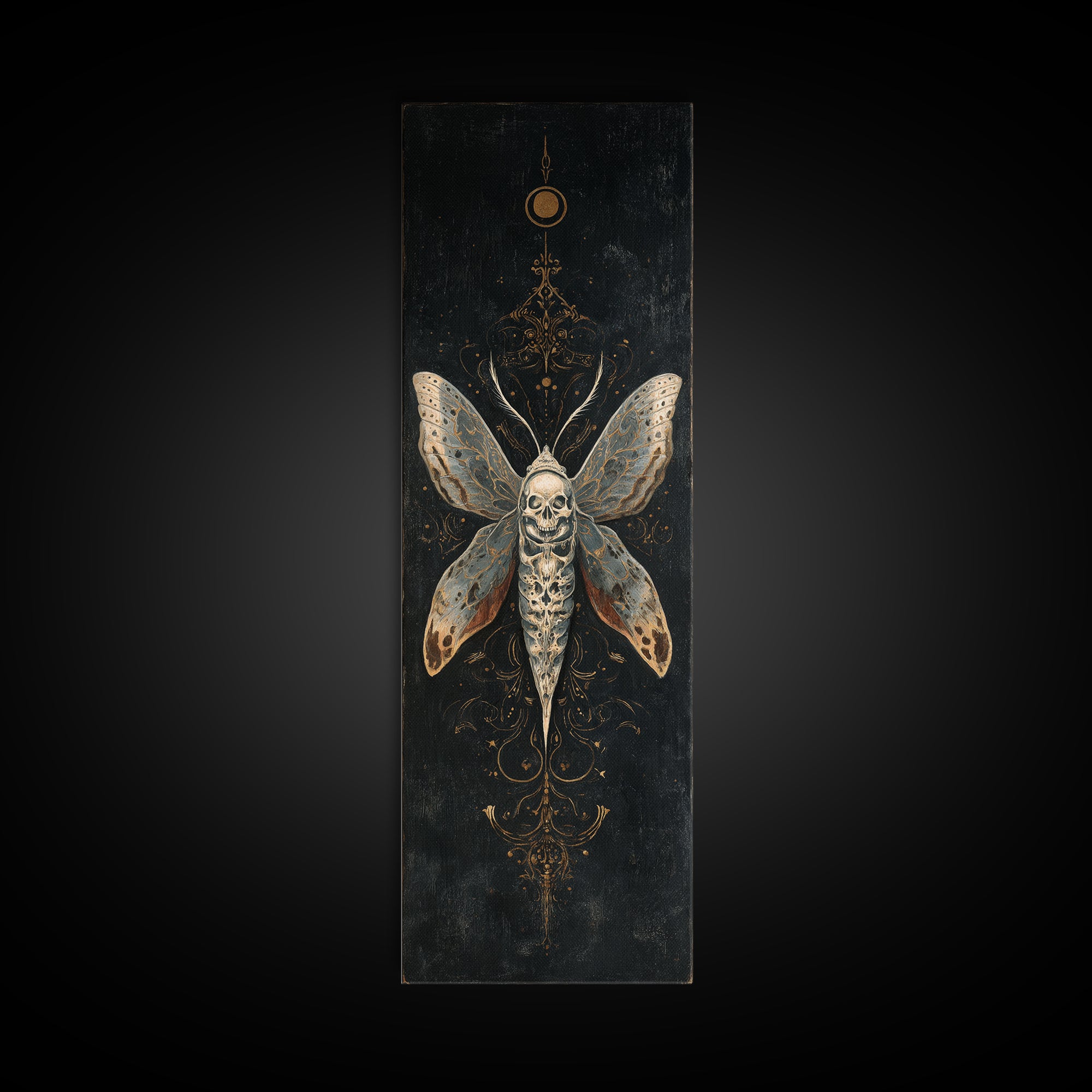 Moth with Skull Pattern on Black Ground Framed Canvas Print, Dark Art, Neutral Decor, Living Room Decor, Fine Art, Nocturne, DAR-1x3-75