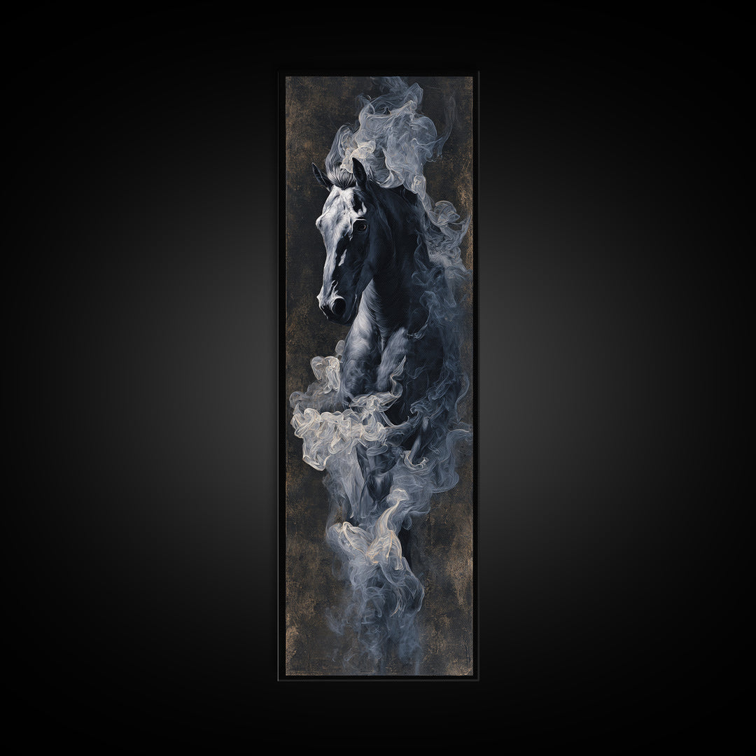 Black Horse Emerging from Smoke Framed Canvas Print, Dark Art, Weird Art, Living Room Decor, Fine Art, Nocturne, DAR-1x3-79
