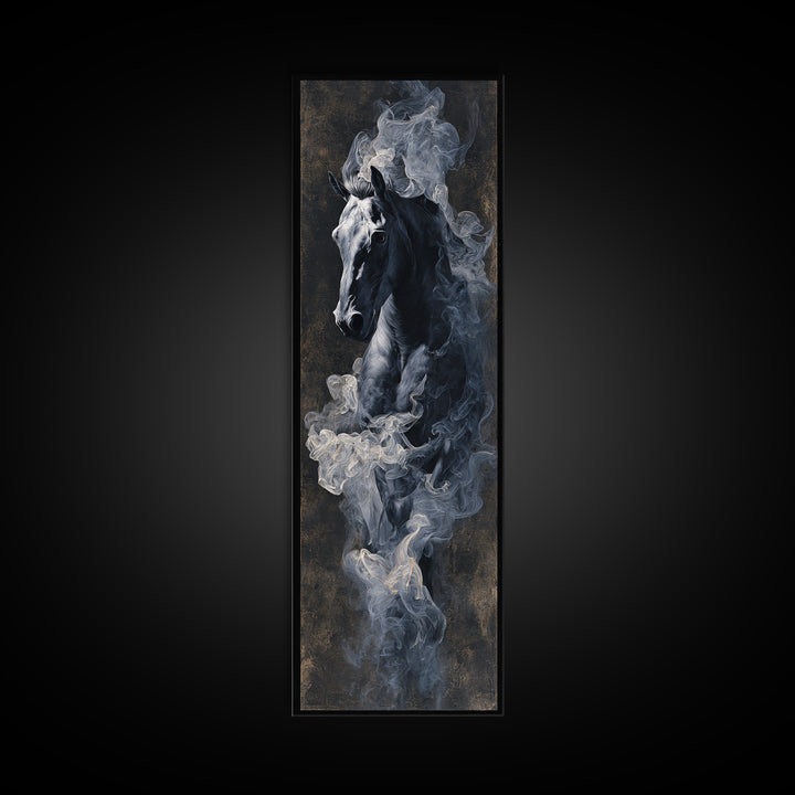 Black Horse Emerging from Smoke Framed Canvas Print, Dark Art, Weird Art, Living Room Decor, Fine Art, Nocturne, DAR-1x3-79