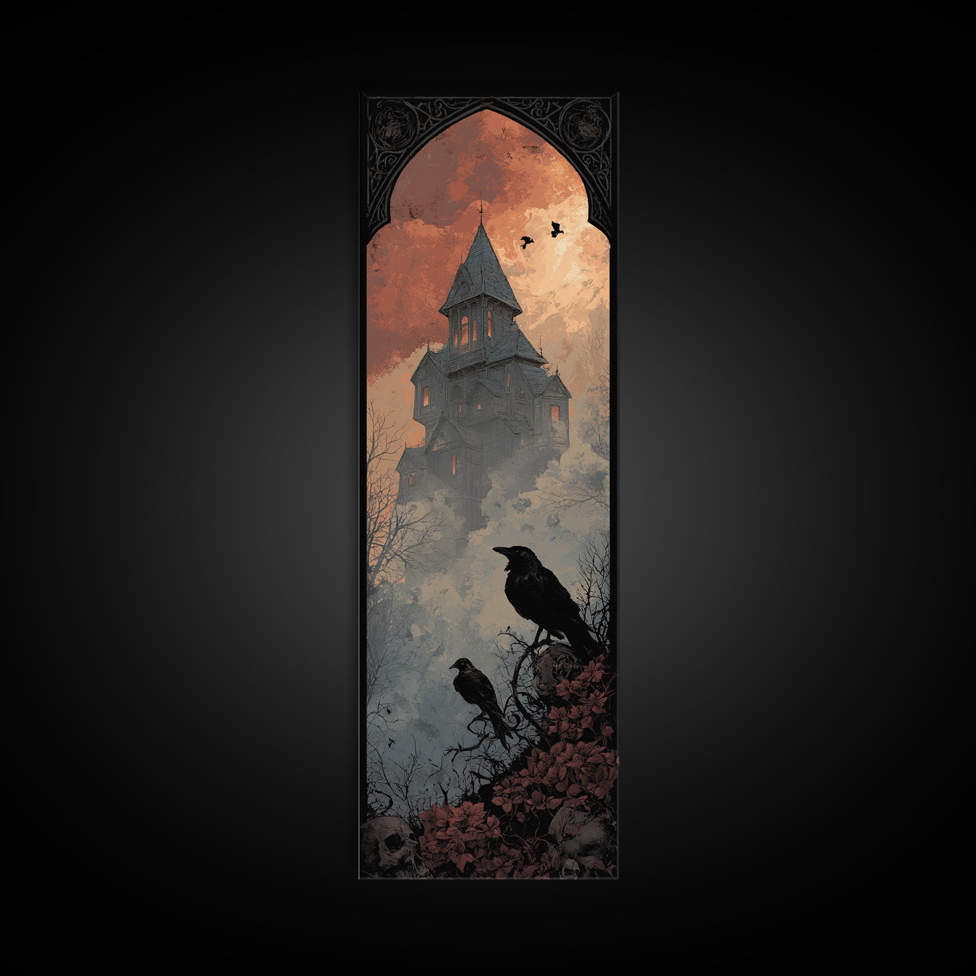 Haunted Mansion Silhouette on Distant Hill Canvas Print, Dark Art, Wall Art, Living Room Decor, Oil Painting, Nocturne, DAR-1x3-90